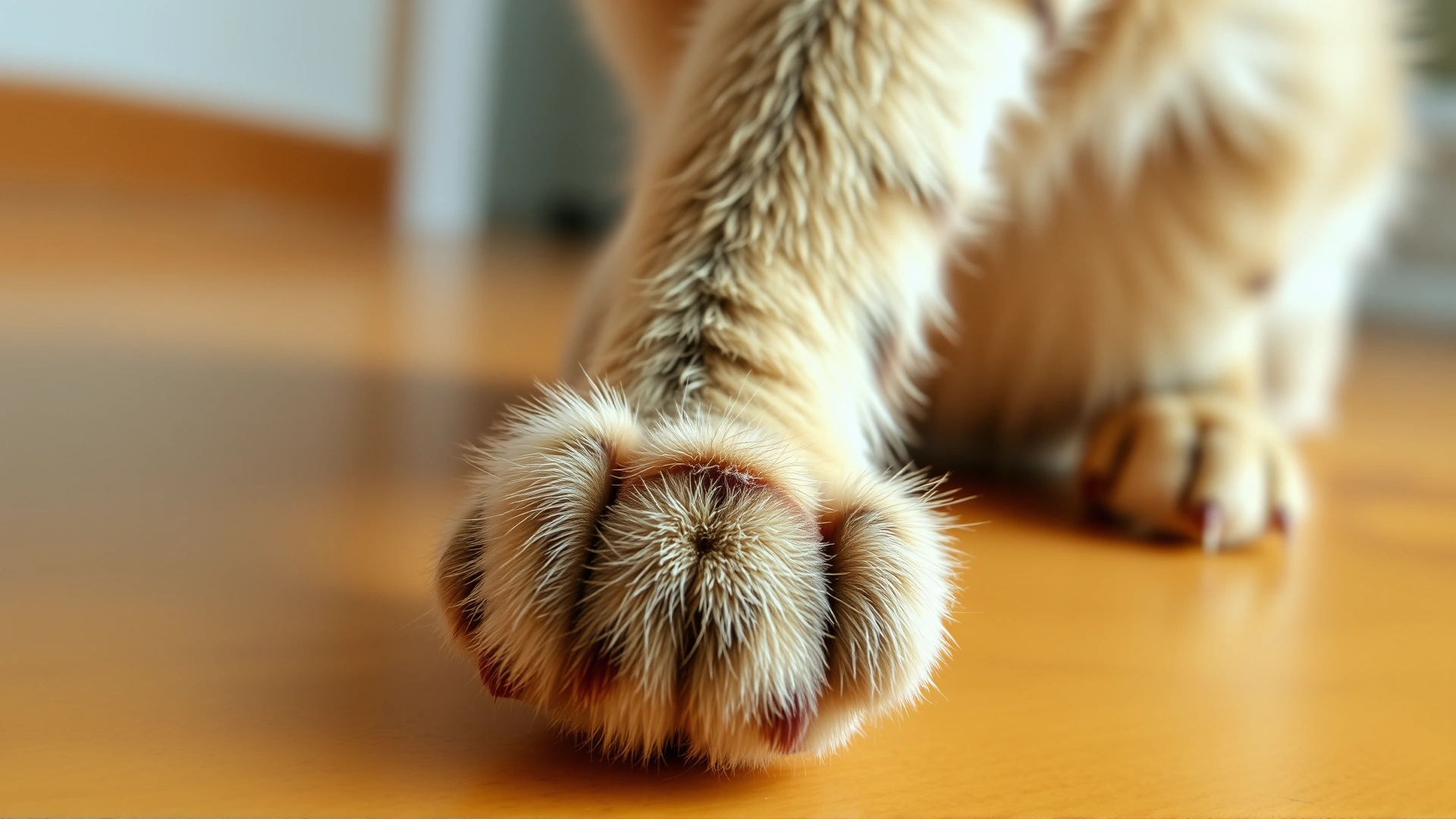 Close-up shot of a cat’s front paw displaying extra toes on a wooden floor, natural daylight
