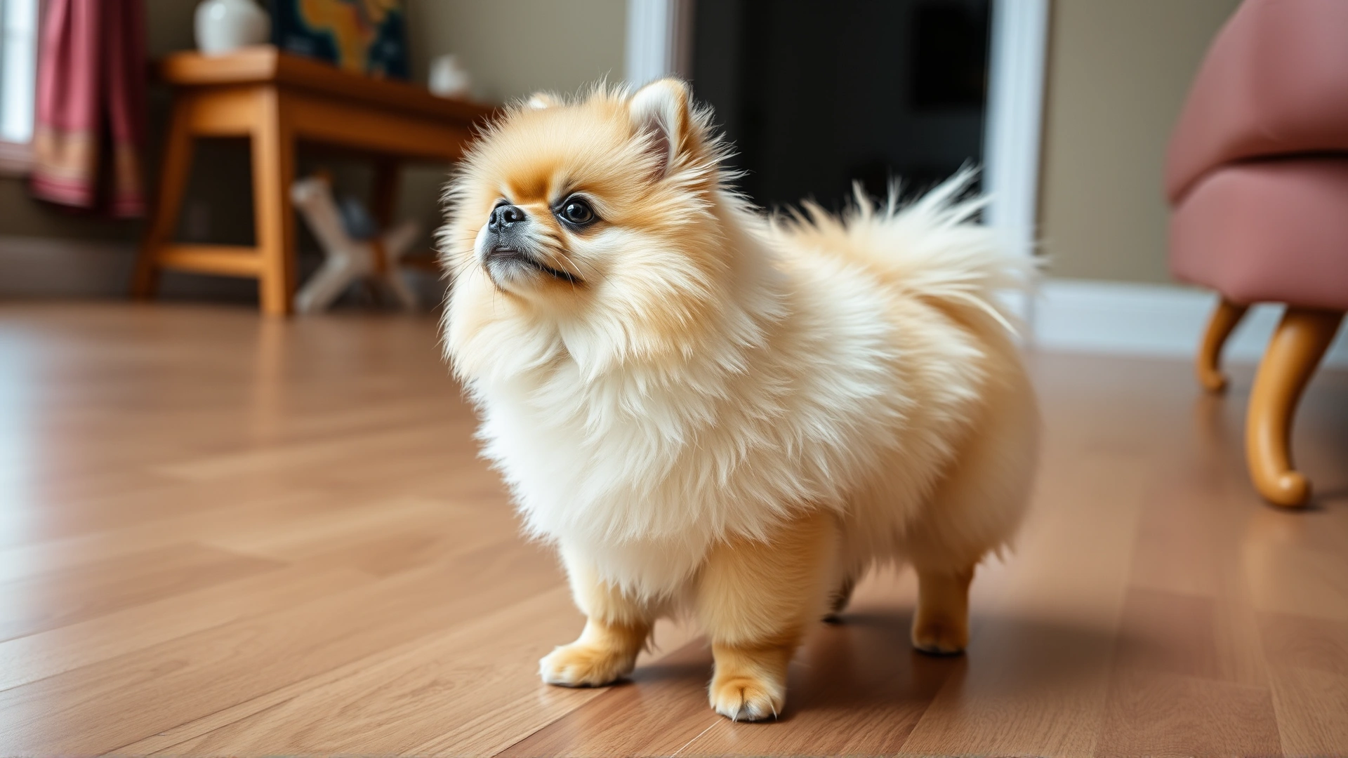 Fluffy Pomeranian standing on a wooden floor, looking up with a playful expression; bright interior lighting.