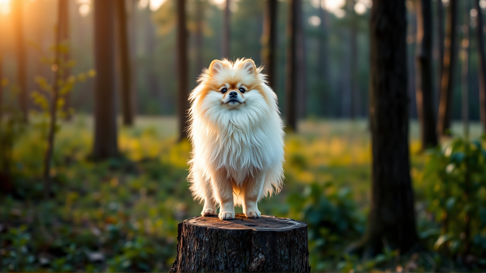 A Pomeranian standing on a tree stump in a forest, fluff backlit by sunrise.