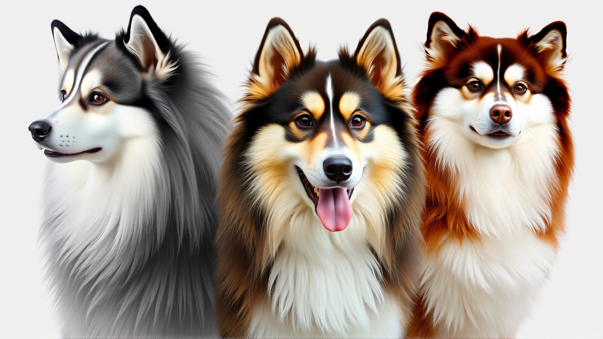 Collage-style image showing three different adult Pomskies side by side, each with a distinct coat color (white, gray-and-black, reddish-brown) against a neutral background
