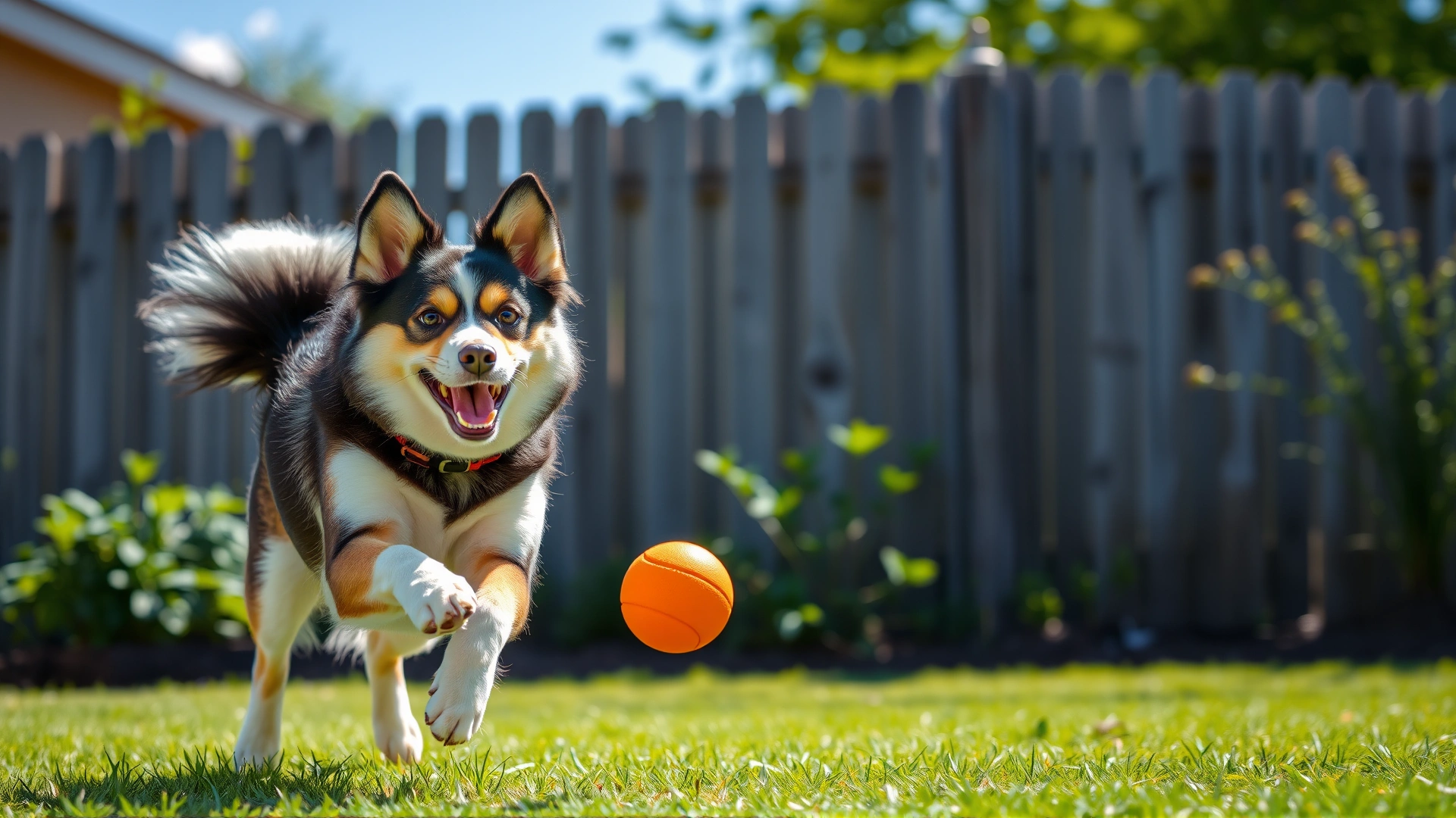 A Pomsky playing fetch with an orange rubber ball in a fenced backyard, captured mid-jump with ears perked up, bright afternoon light