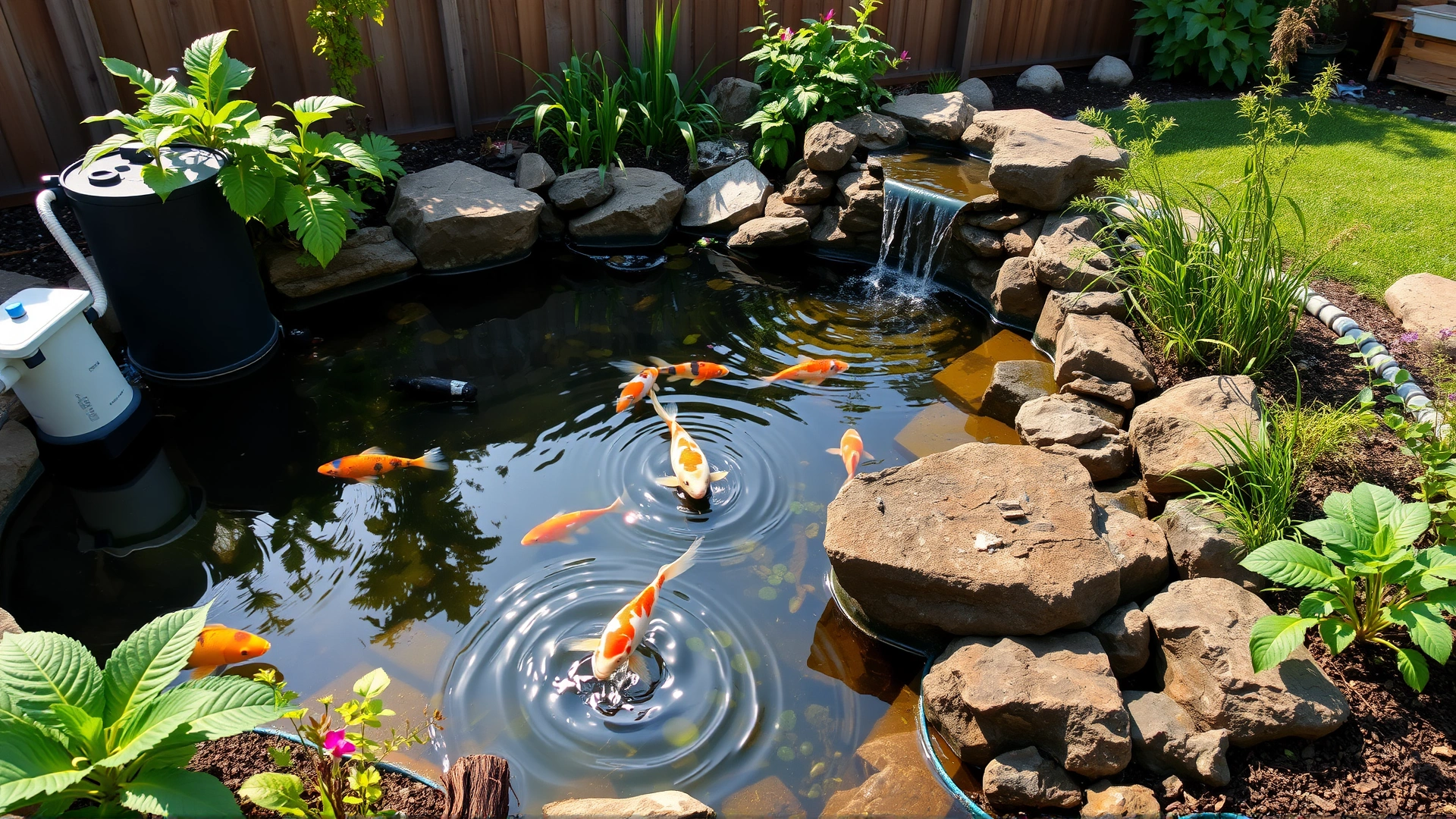 Wide shot of a freshly built backyard koi pond with filtration equipment, rocks, aquatic plants, and a small waterfall.