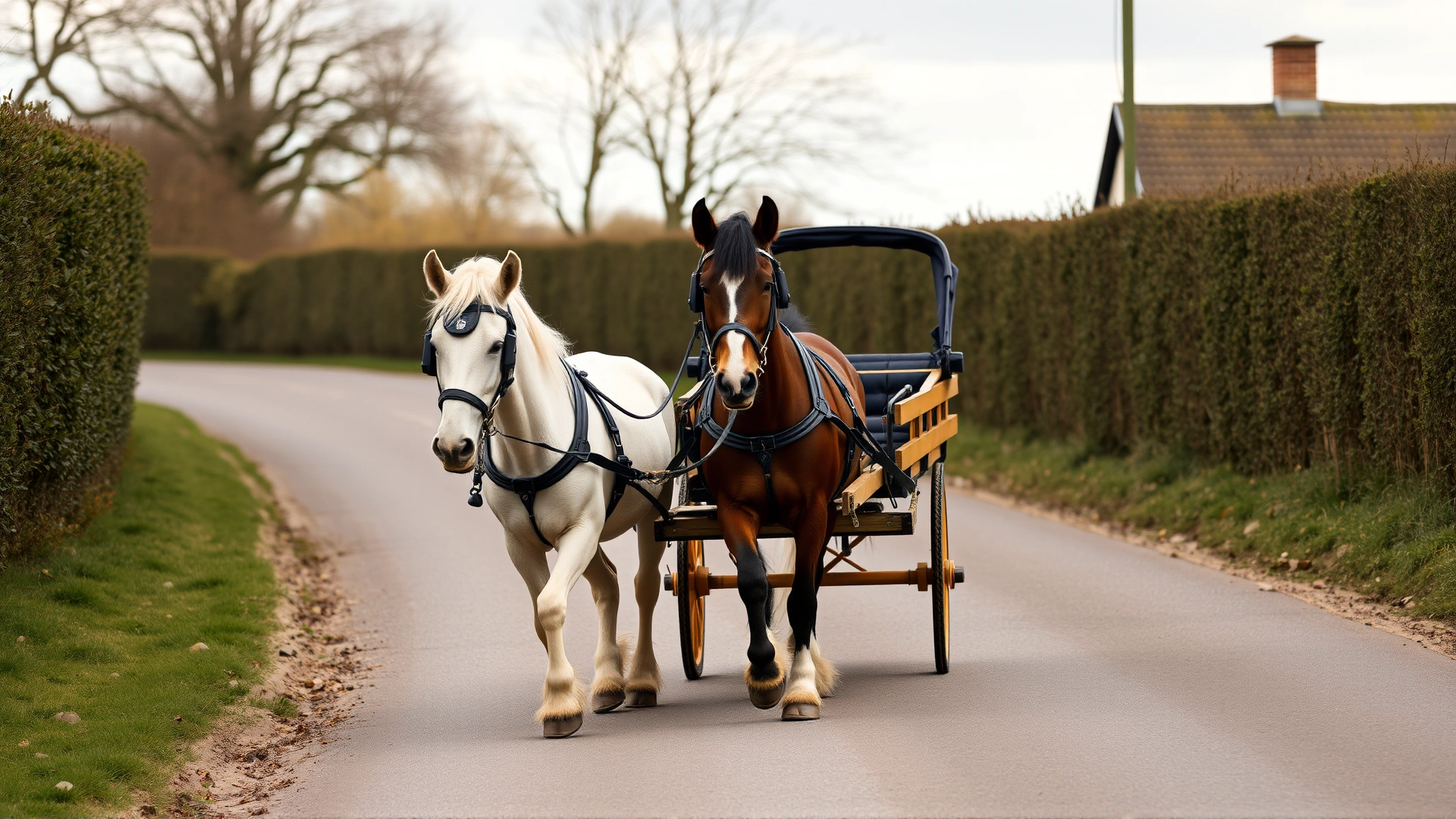 Pair of Dartmoor ponies pulling a traditional light carriage along a country lane lined with hedges