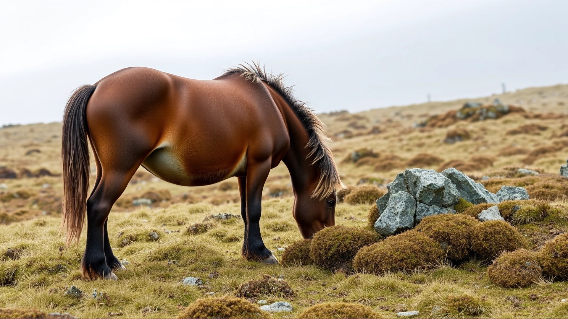 Dartmoor pony with a glossy bay coat grazing on sparse moorland vegetation, showcasing its hardy nature