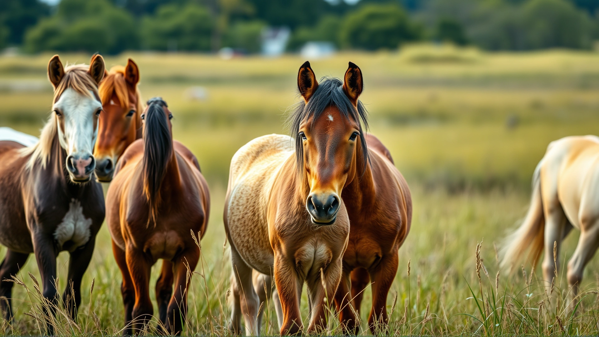 Close-up shot of a small herd of Assateague ponies with different coat colors standing on marsh grass, no text