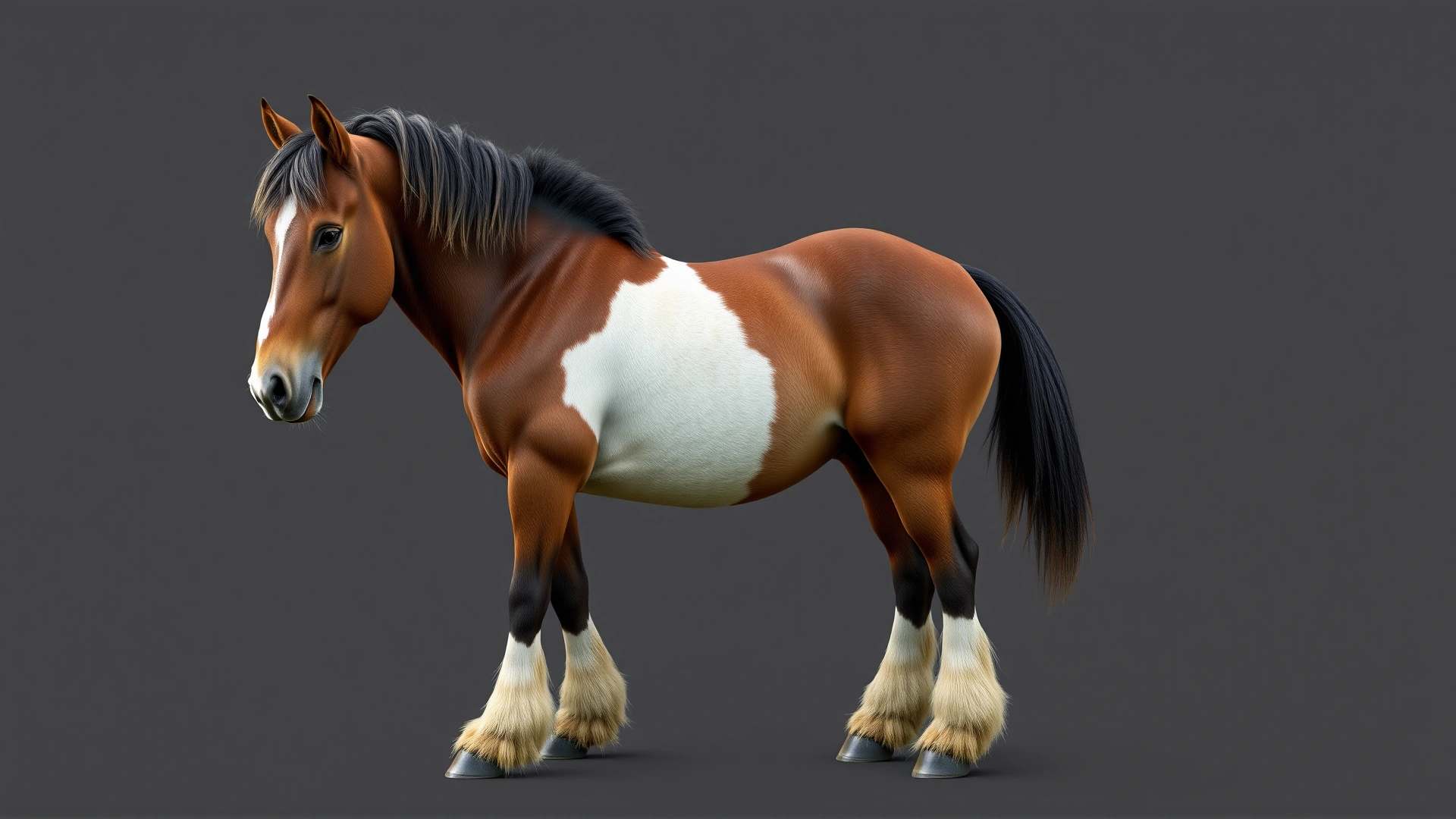 Full-body side profile of a Highland Pony showing its muscular build and feathered fetlocks, neutral background. No text.