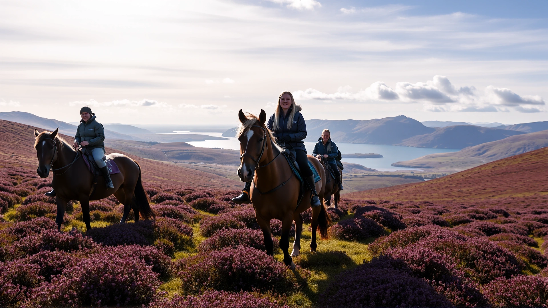 Group of riders on Highland Ponies trekking through heather-covered hills with a distant loch under a bright sky. No text.