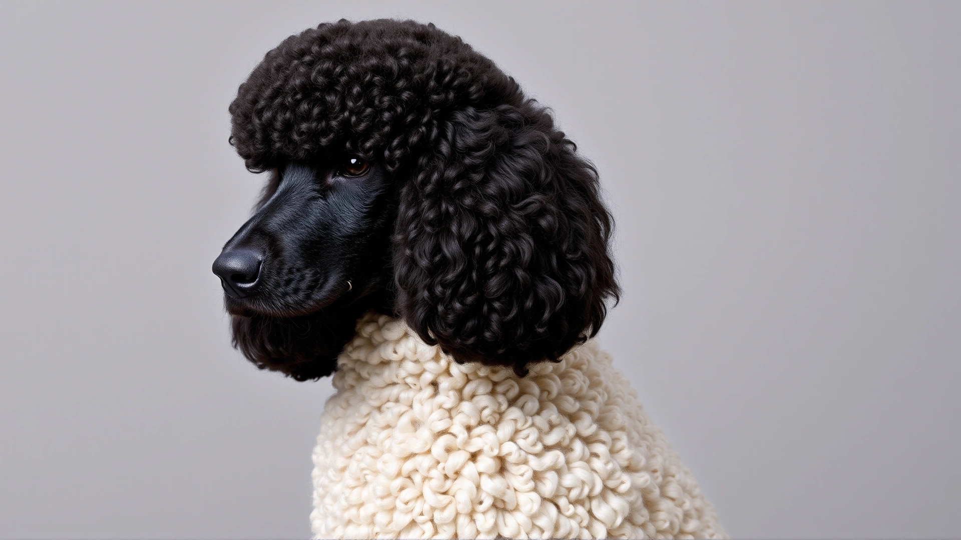 A Standard Poodle after a professional groom, sporting a classic show cut in a studio setting.