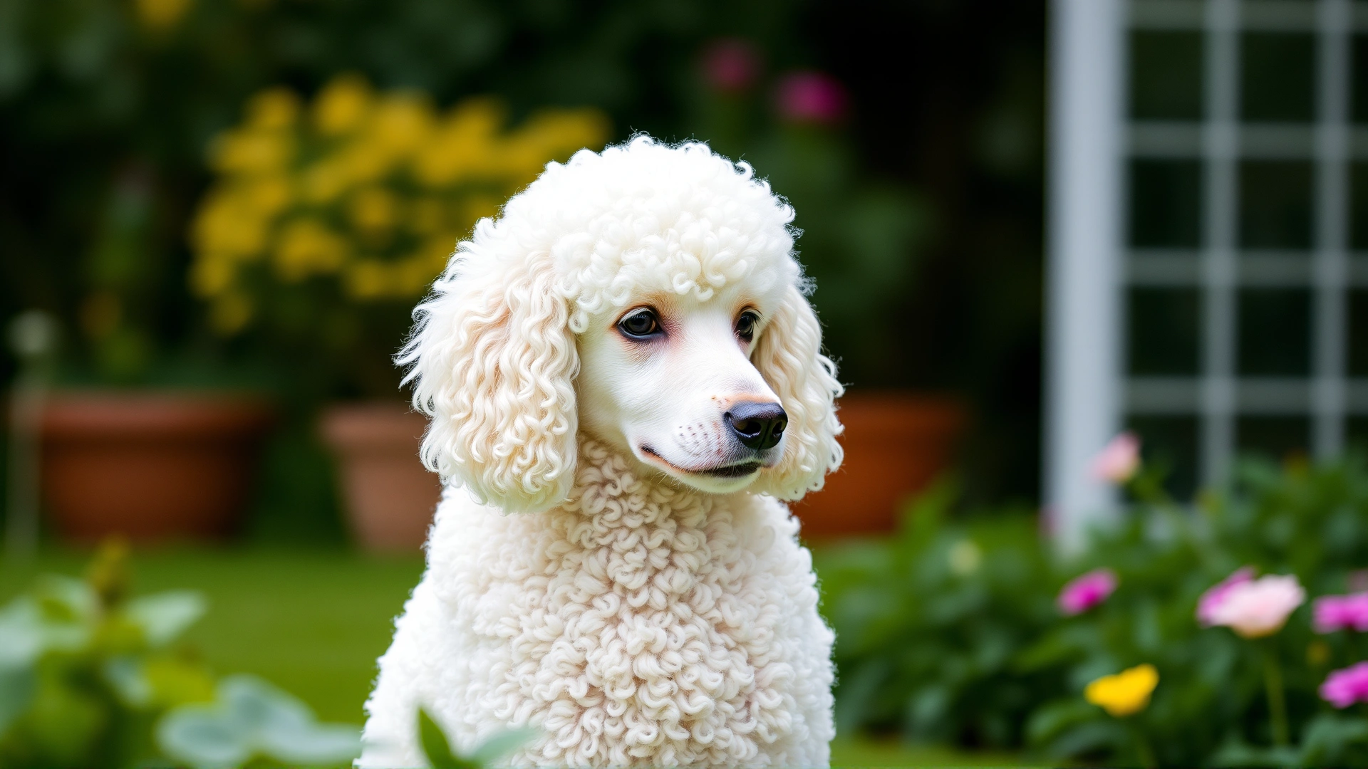 Standard Poodle with curly white coat sitting gracefully in a garden, shallow depth of field