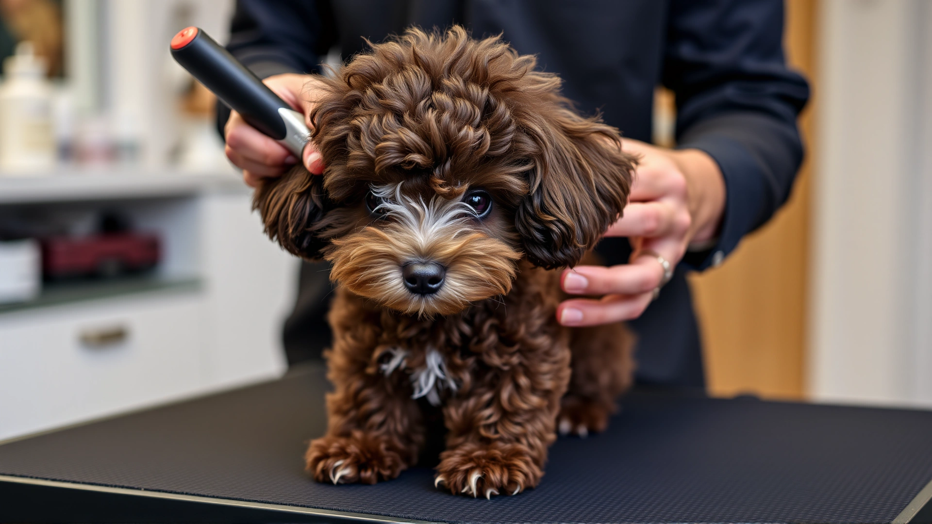 Miniature Poodle being gently brushed on a grooming table, emphasizing its hypoallergenic coat.