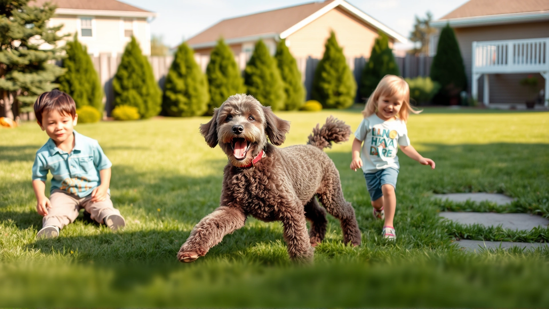 Standard Poodle happily playing fetch with two young children in a suburban backyard on a sunny afternoon.