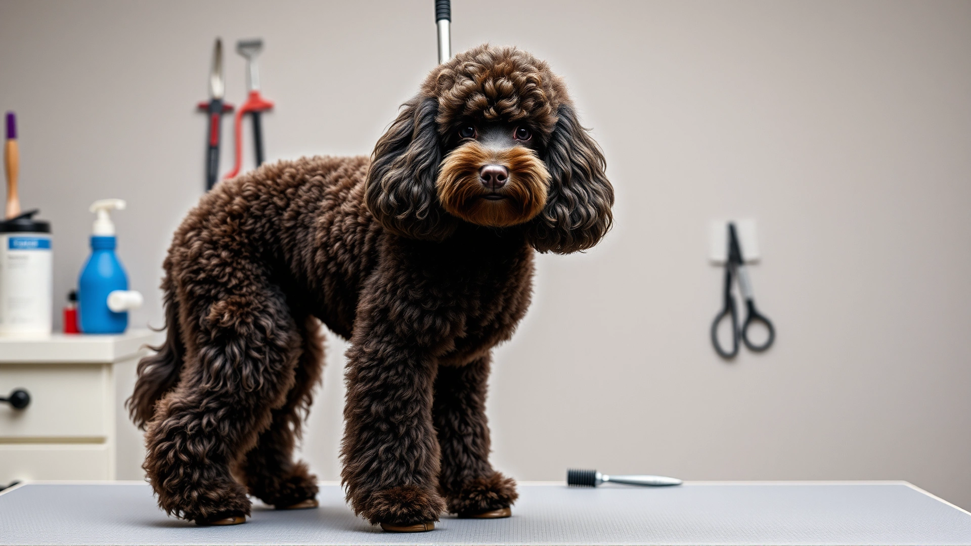 Well-groomed Standard Poodle standing proudly on a grooming table with professional grooming tools blurred in the background, studio lighting.