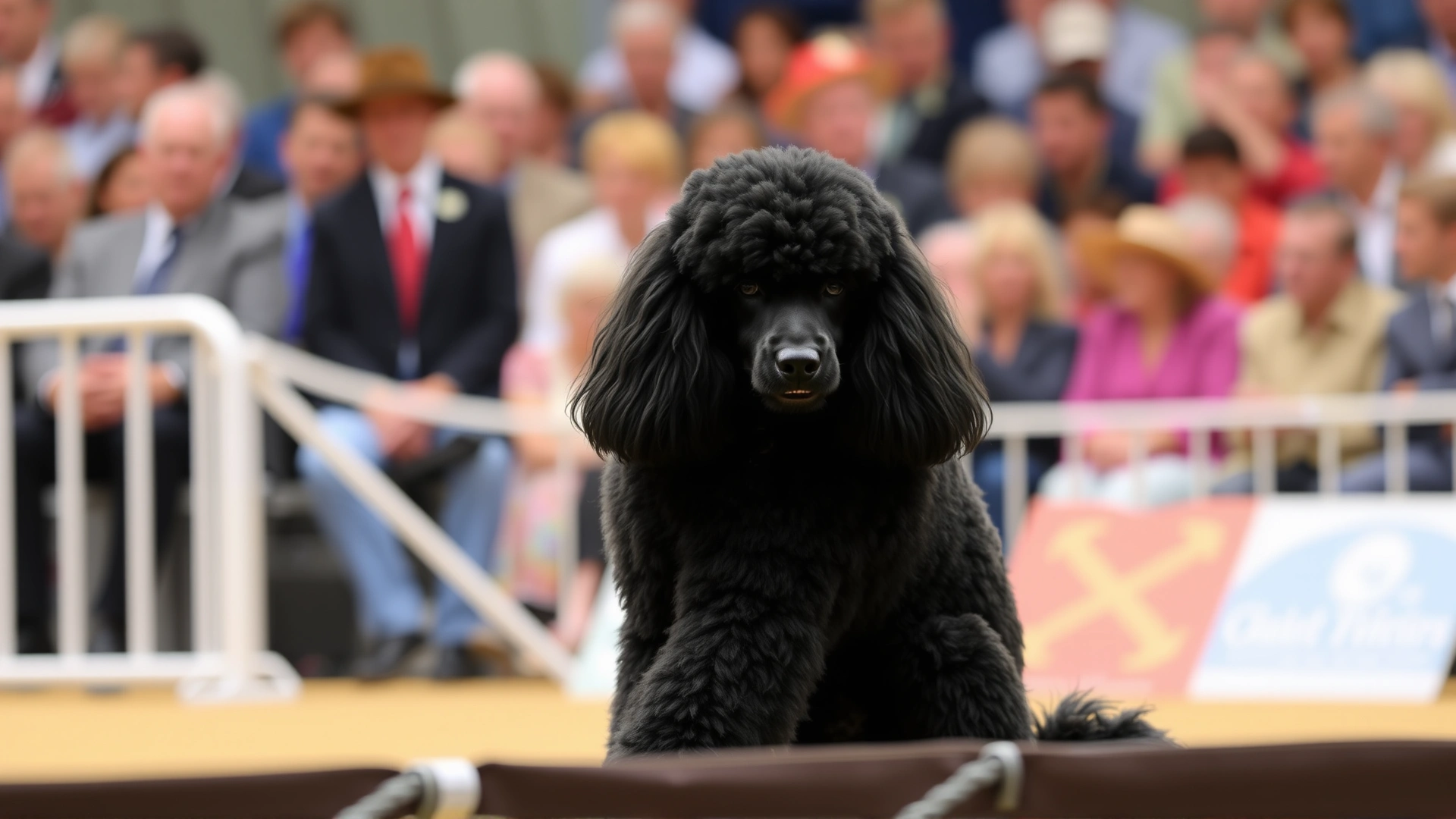 Elegant Standard Poodle performing a sit-stay command in a competition ring, neatly groomed, blurred audience in background.