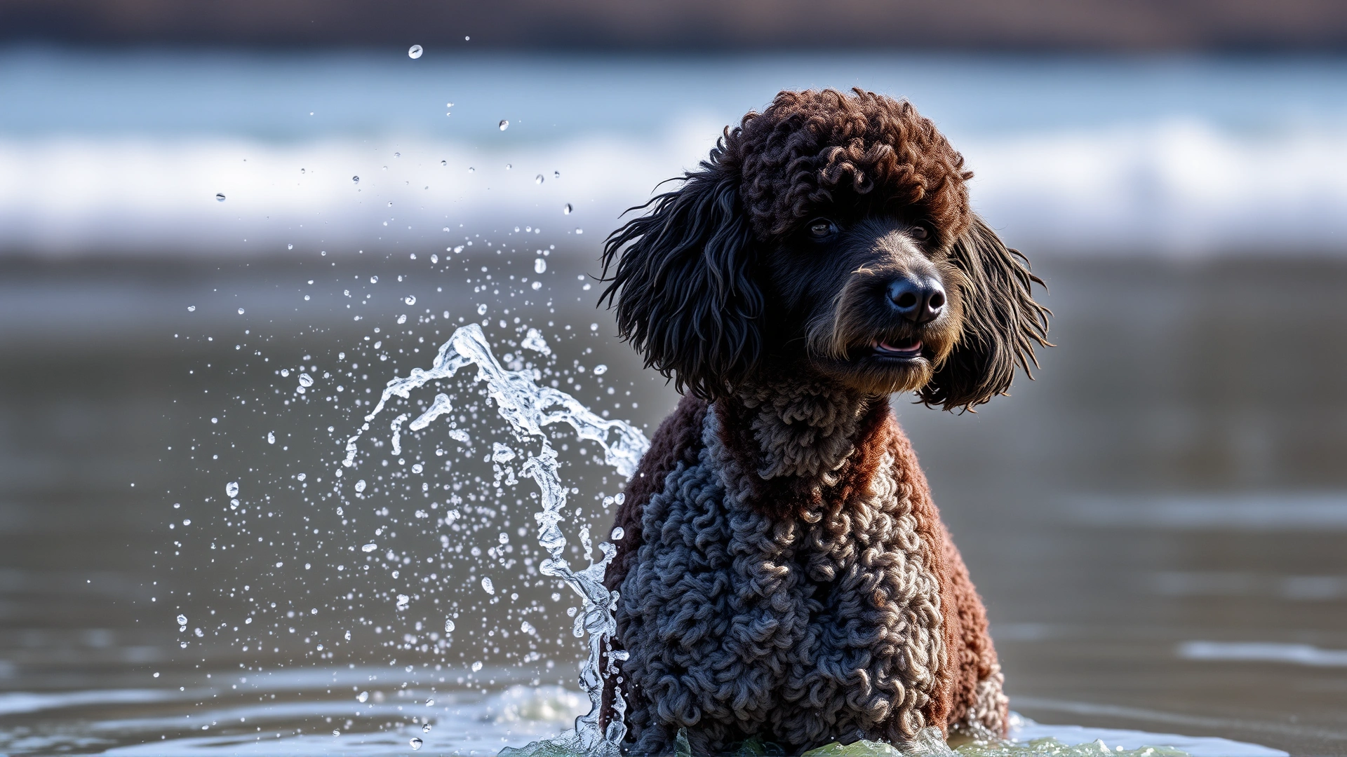 Standard Poodle shaking off water mid-shake, droplets frozen in the air, with a blurred shoreline behind.