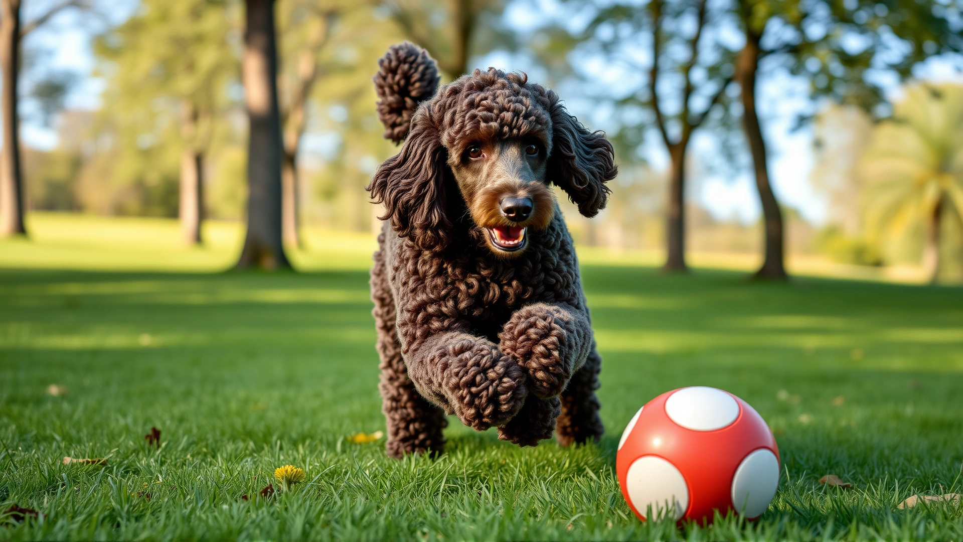 A well-groomed standard Poodle retrieving a ball in a green park