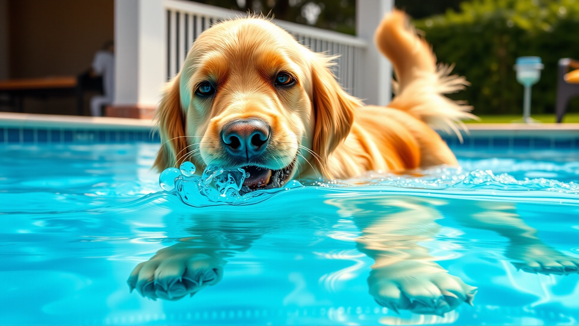 Golden retriever swimming in a backyard swimming pool and accidentally gulping water, chlorine tablet dispenser visible in corner, no text