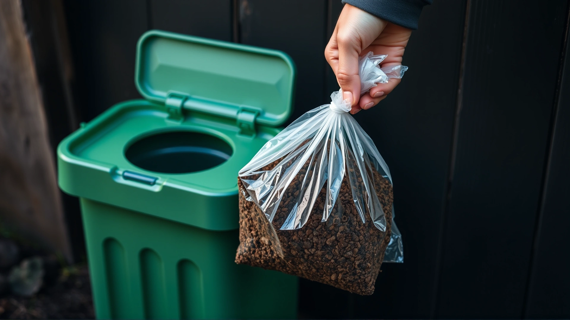 Hand pulling a single biodegradable poop bag from a roll next to a small compost bin