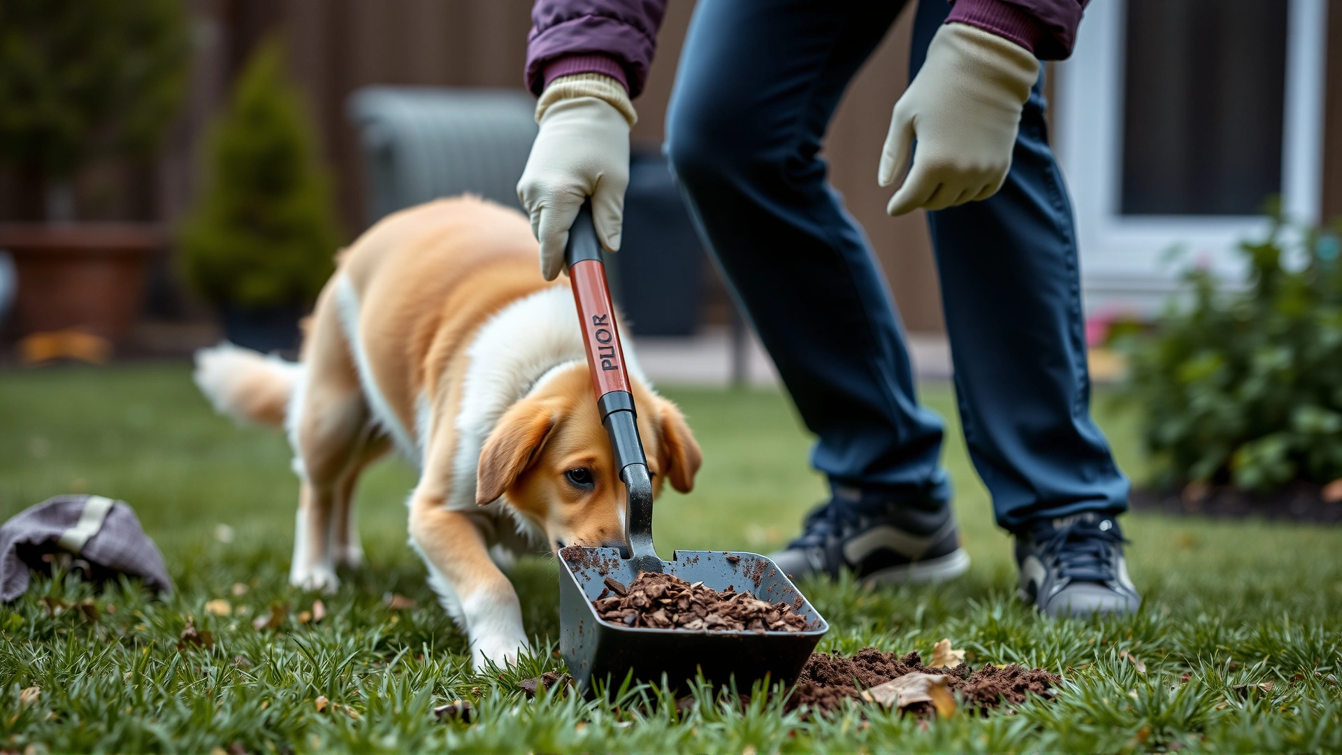 Person wearing gloves and using a scooper to pick up dog poop in the backyard