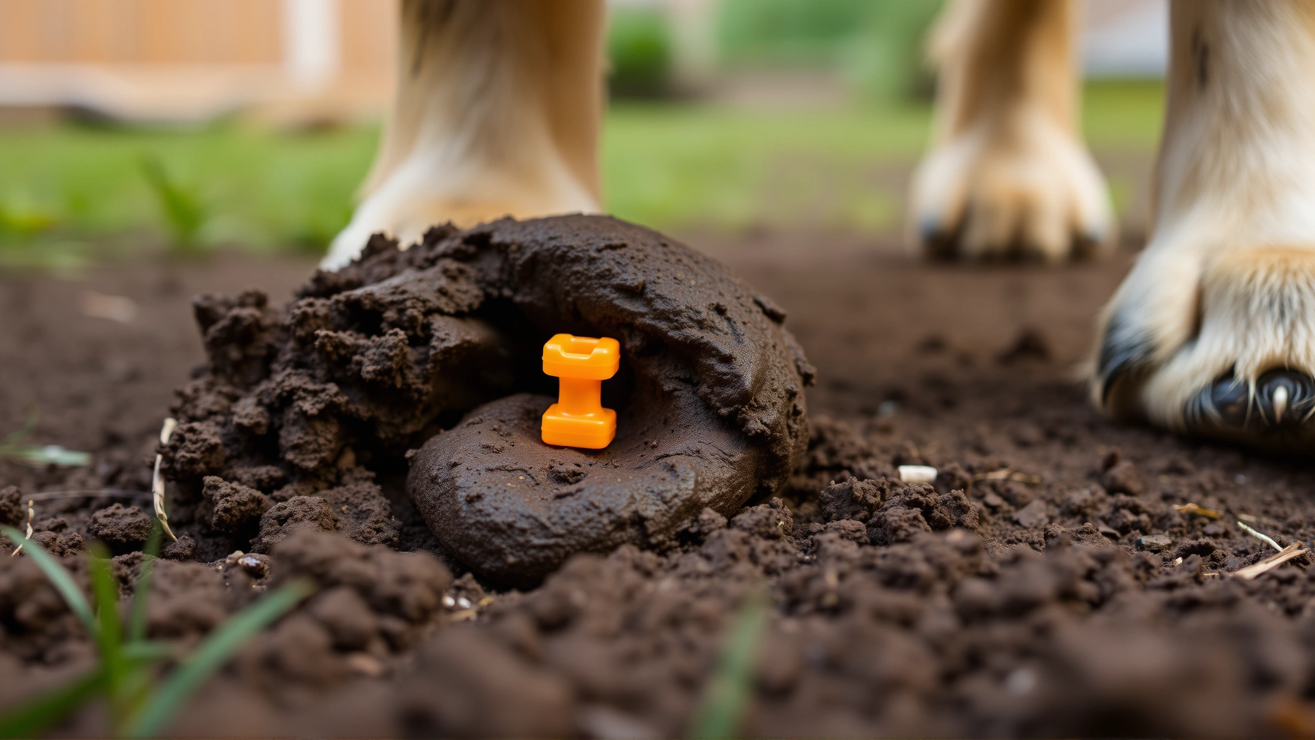 Close-up of dog stool with a small brightly colored plastic toy piece protruding, on backyard soil