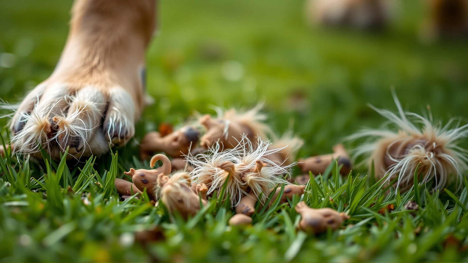 Soft focus image of dog feces intertwined with noticeable tufts of dog fur, on green lawn