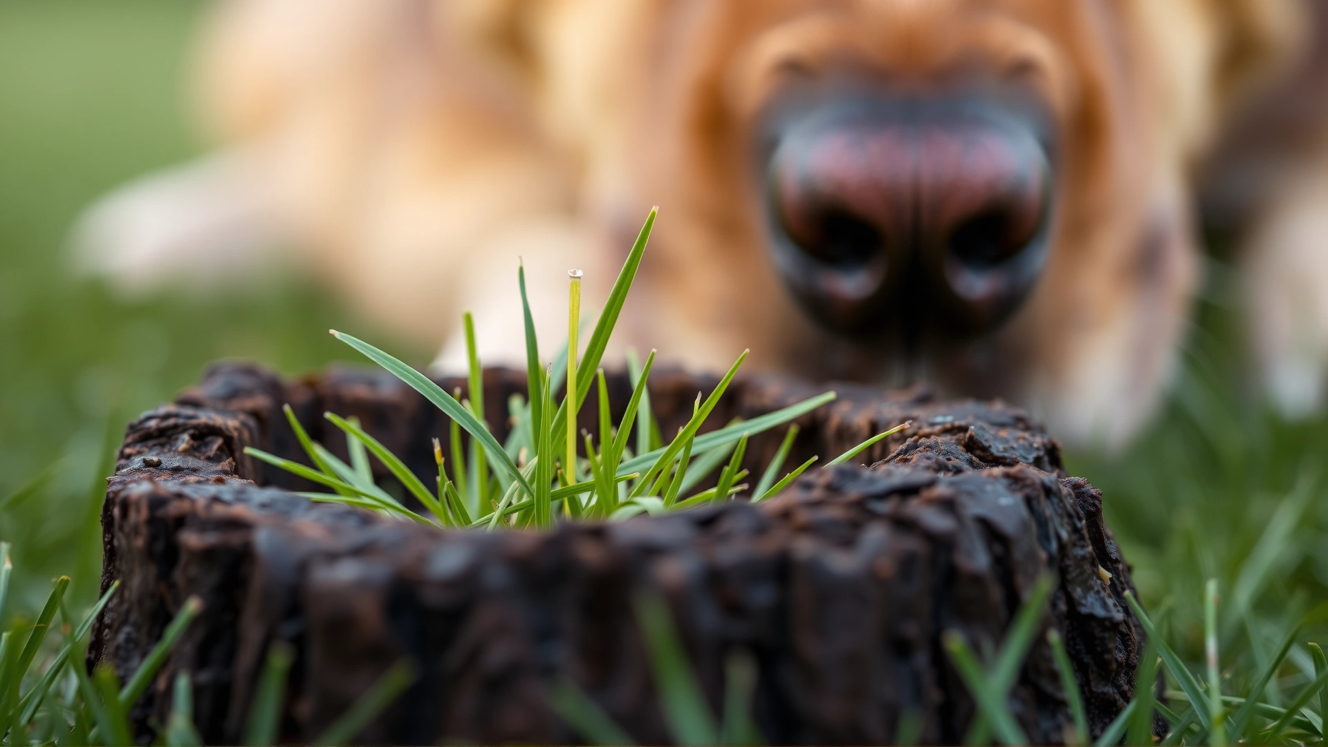 Photo of dog stool containing visible blades of grass, with a dog snout blurred in the background