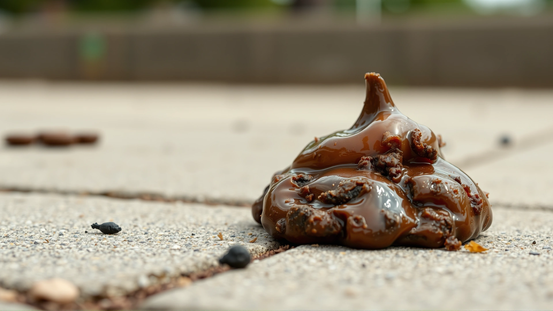 Detailed photo showing dog poop coated in a glossy transparent mucus layer, placed on a neutral outdoor surface