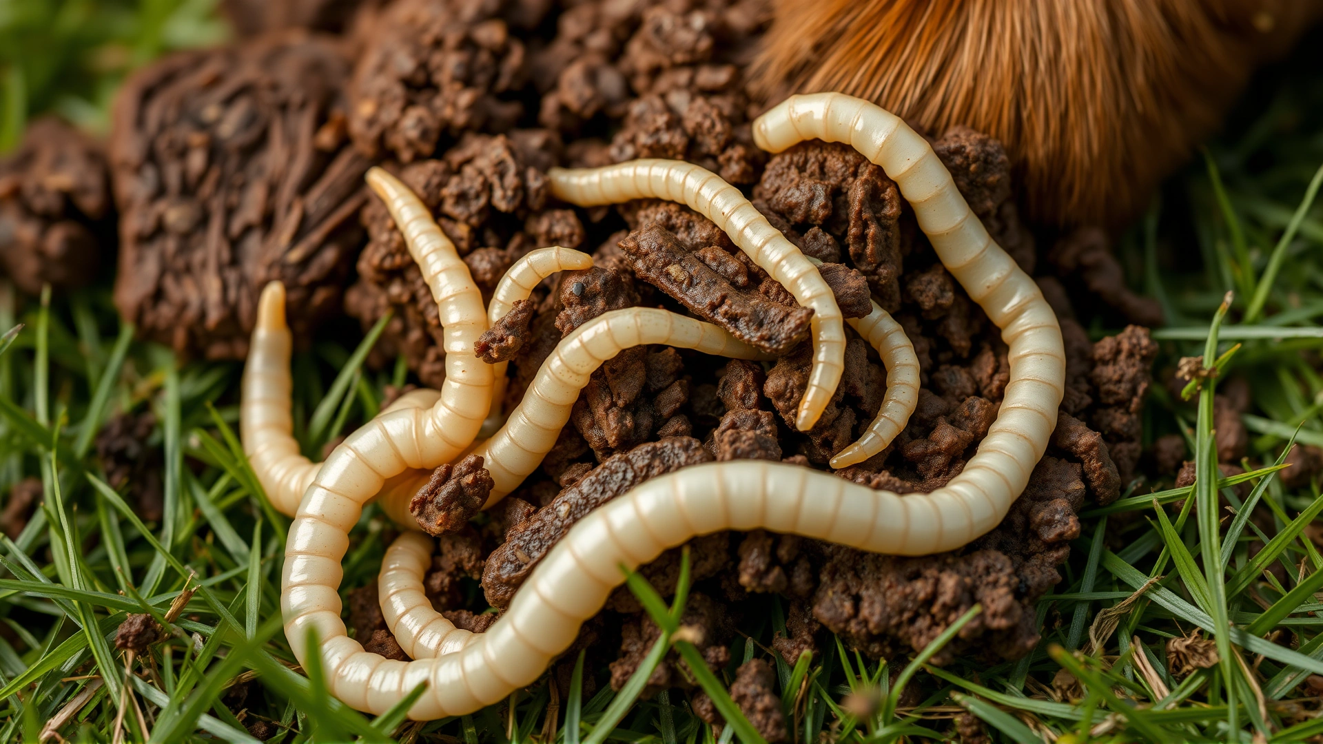 Macro shot of dog feces containing visible white worms or worm segments on a grassy background