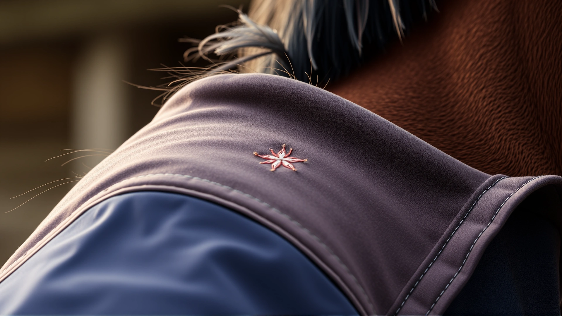 Close-up of rubbed hair and slight skin irritation on a horse's shoulder caused by an ill-fitting blanket, no text