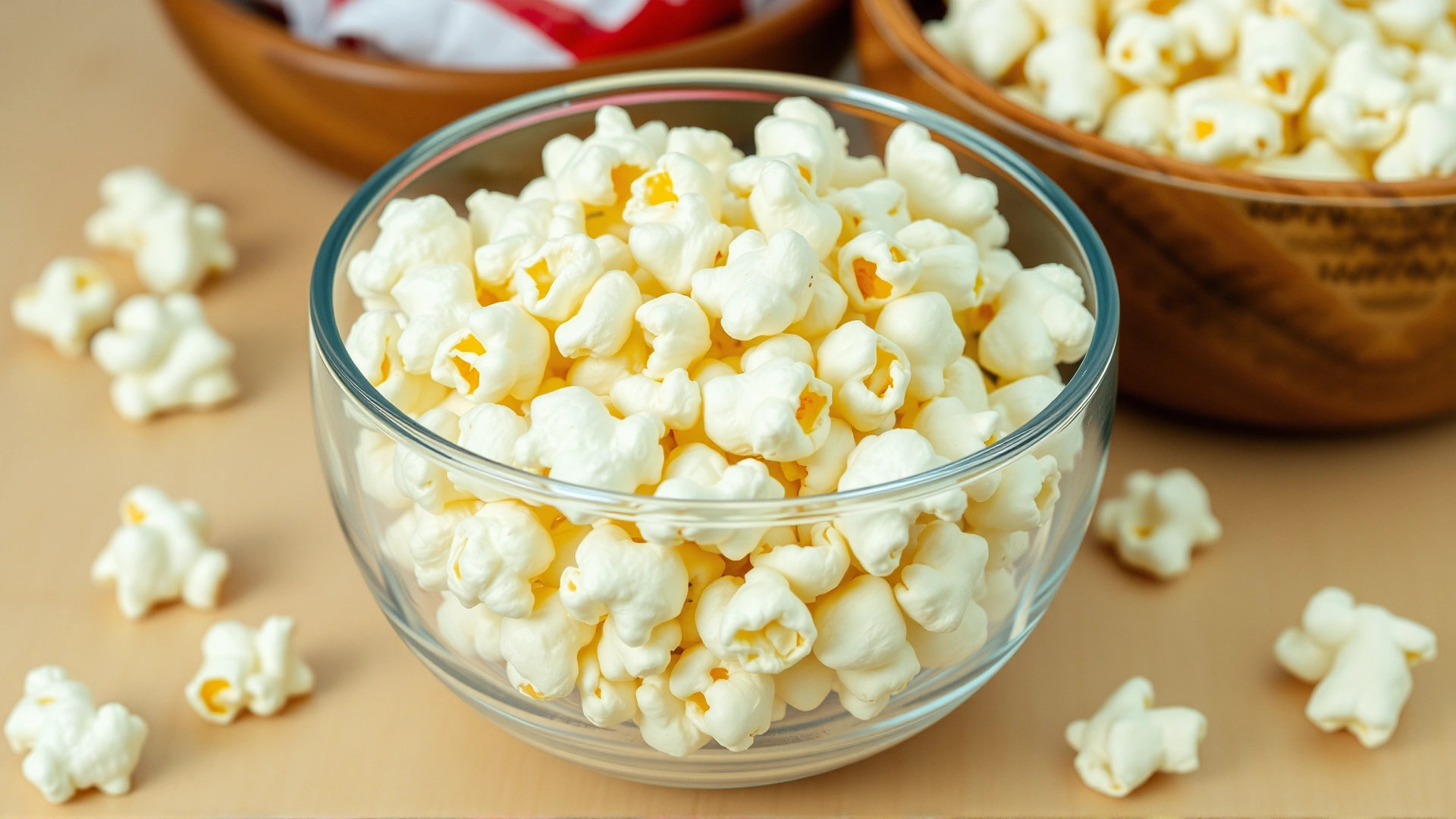 Plain unsalted air-popped popcorn in a clear glass bowl on a light wooden surface