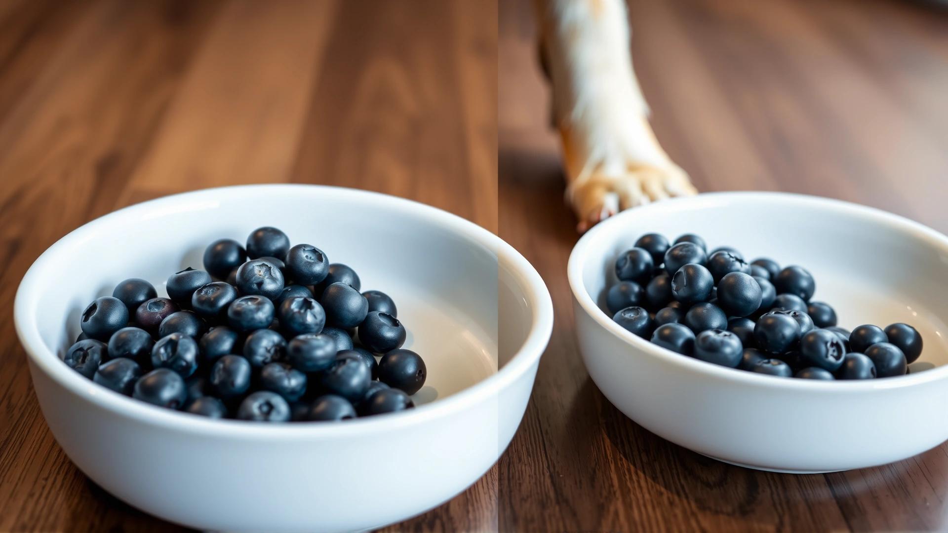 Side-by-side shot of two dog bowls on a wooden floor; one small bowl with a few blueberries and one large bowl with more blueberries, demonstrating portion sizes