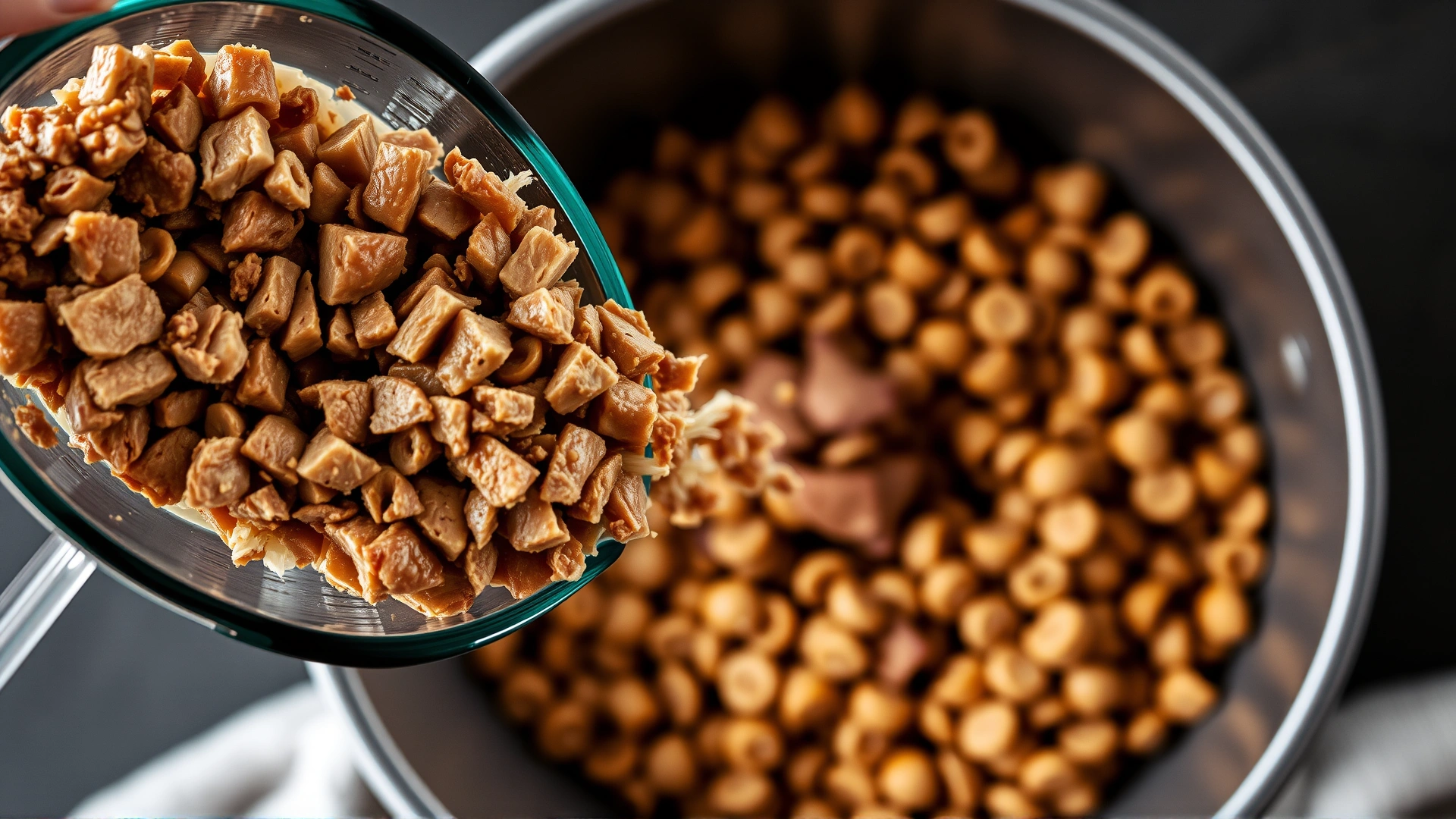 Overhead view of a measuring cup filled with finely diced cooked lamb being poured into a bowl of dry dog kibble