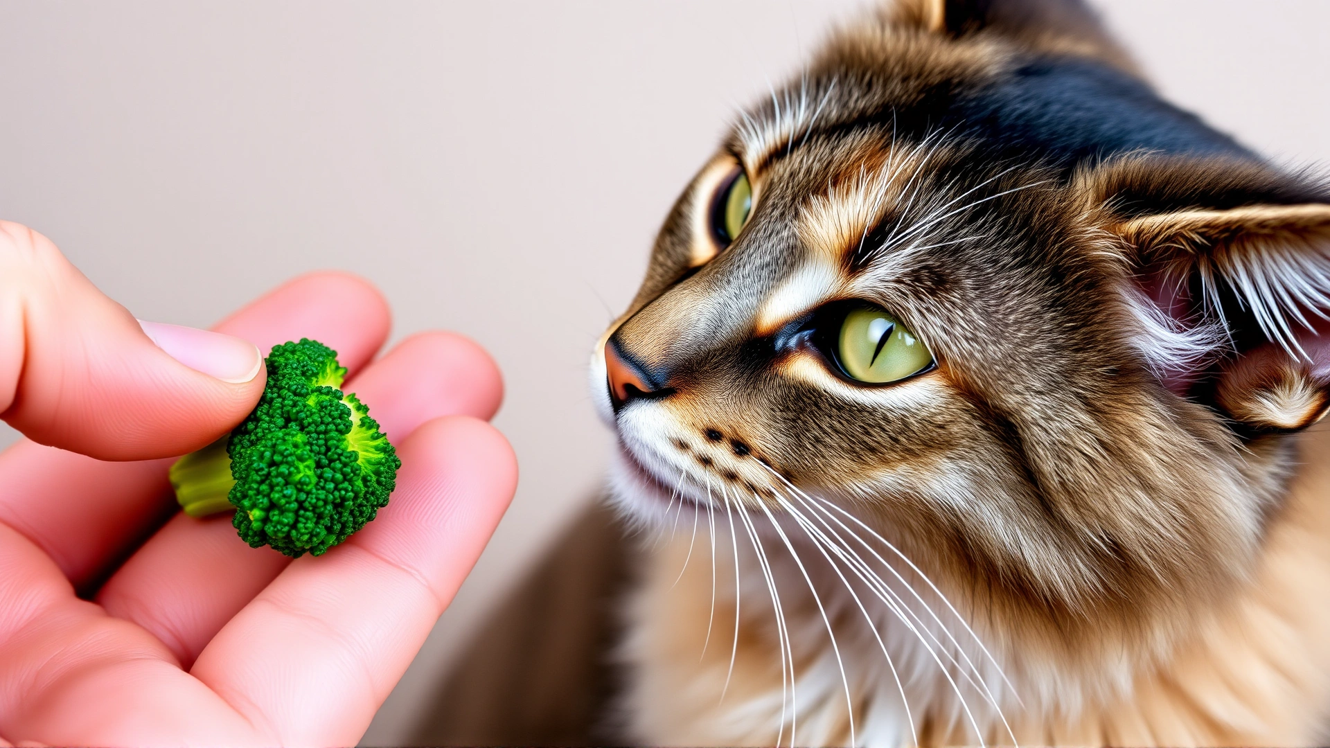 Photo of a human hand offering a tiny bite-sized piece of broccoli to a cat, emphasizing the small portion size, neutral background