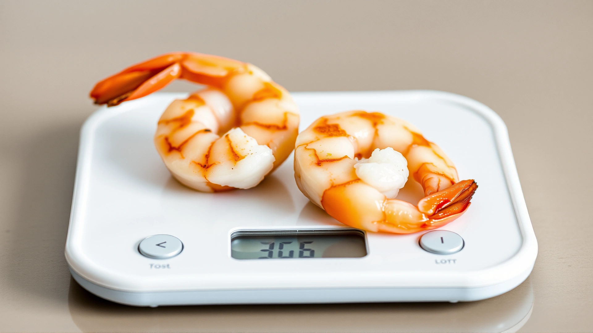 Two small cooked shrimp pieces on a digital kitchen scale showing low weight, highlighting portion control for pets.