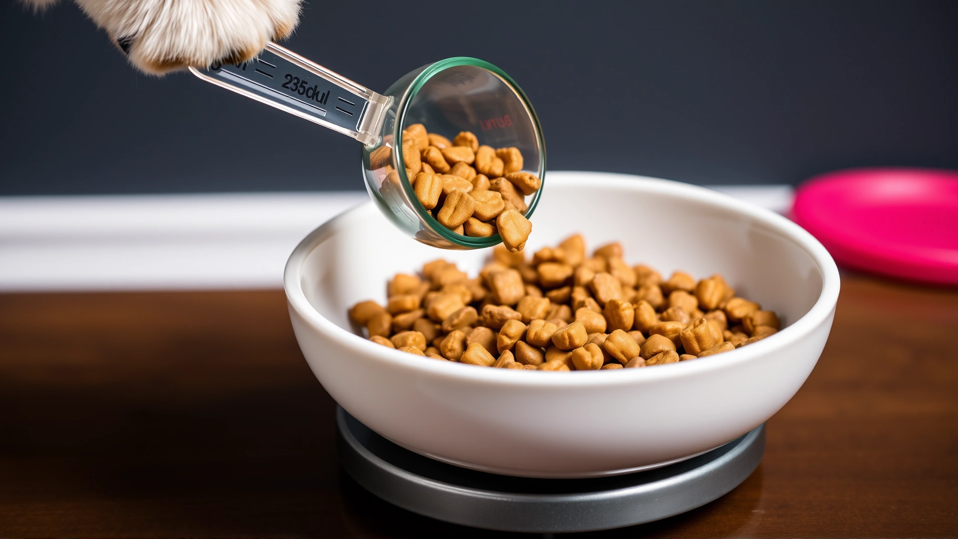Measuring cup carefully pouring dry dog food into a bowl on a scale, emphasizing accurate portion control for puppies.