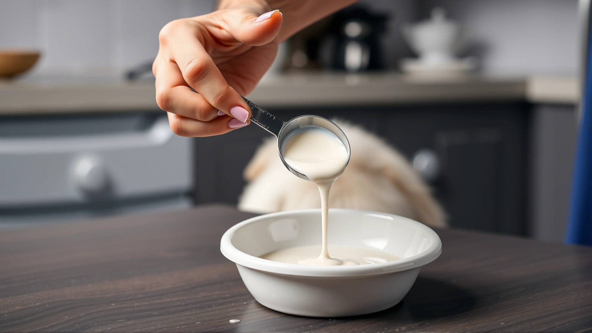 Human hand using a measuring spoon to pour a small amount of milk into a dog's bowl, emphasizing moderation, kitchen countertop.