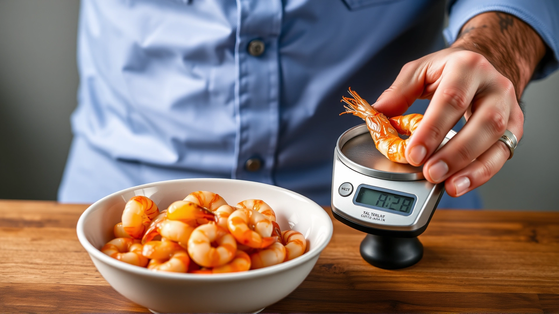 Close-up of an owner using a small kitchen scale to weigh a single cooked shrimp in a bowl, emphasising portion control, neutral background