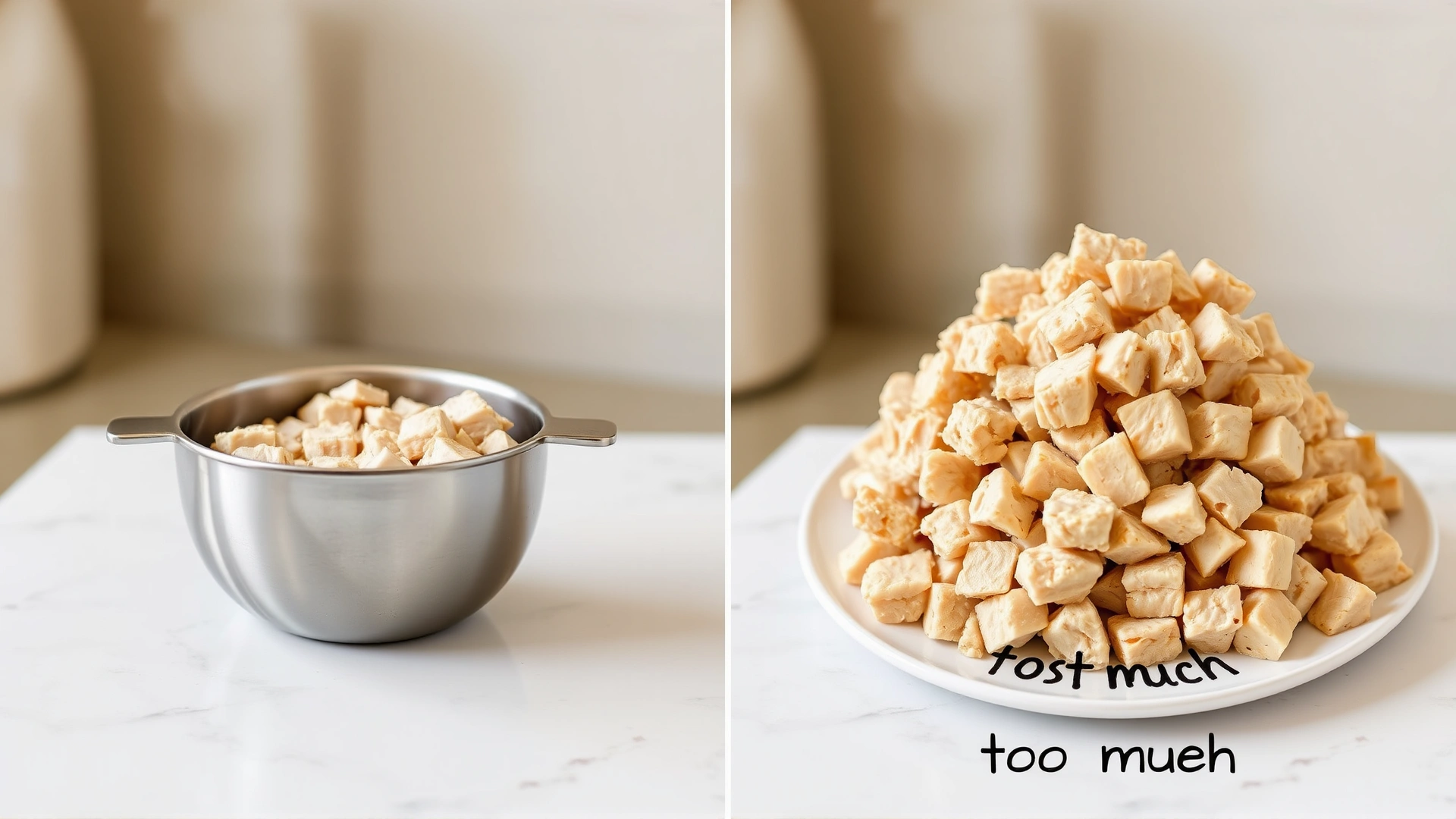 Side-by-side photo: on the left, a small measured portion of diced turkey in a stainless bowl; on the right, an overflowing pile of turkey cubes on a plate labeled as too much, neutral kitchen backdrop.