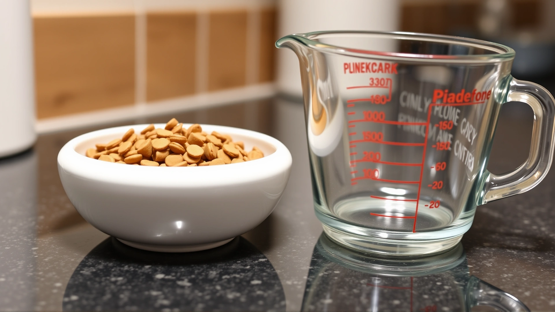 A ceramic bowl containing a small, precisely measured portion of dry cat food next to a clear measuring cup on a kitchen counter.