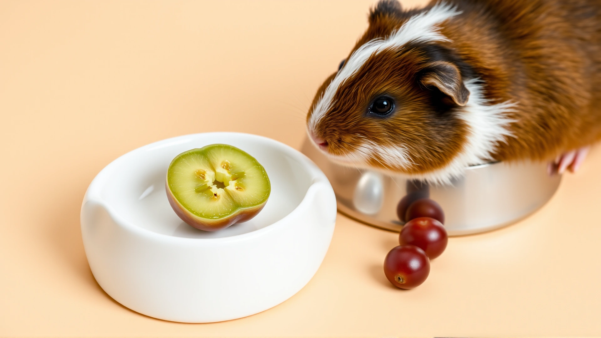 Small ceramic dish with exactly two halved seedless grapes placed next to a guinea pig food bowl, illustrating portion control for small pets, neutral background