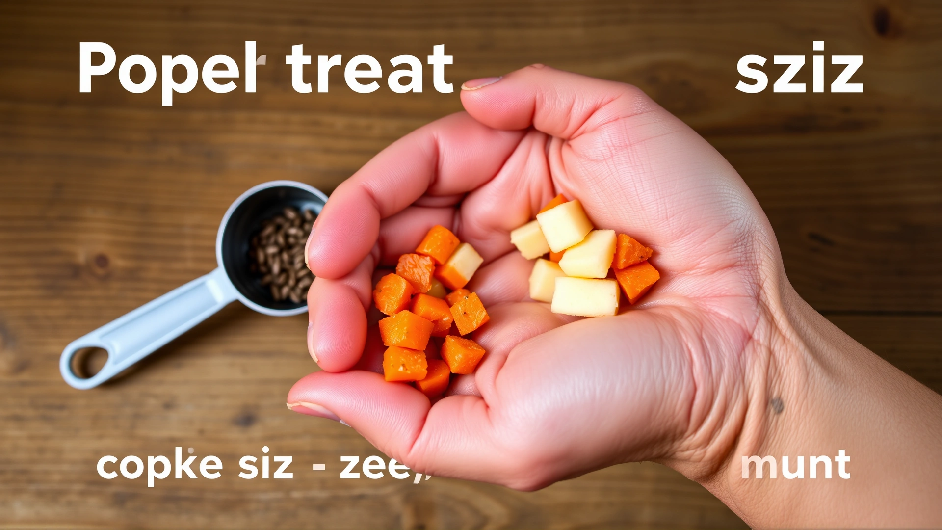 Hand holding a small measured portion of diced carrots and apples next to a feed scoop, illustrating proper treat size and quantity.