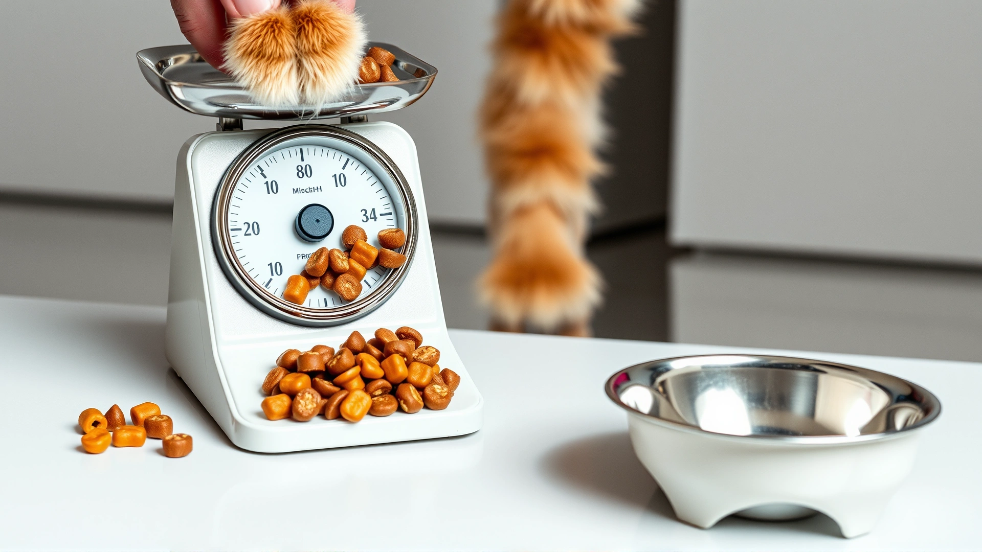 A human hand weighing cat kibble on a small kitchen scale next to a slow feeder bowl, concept of portion control