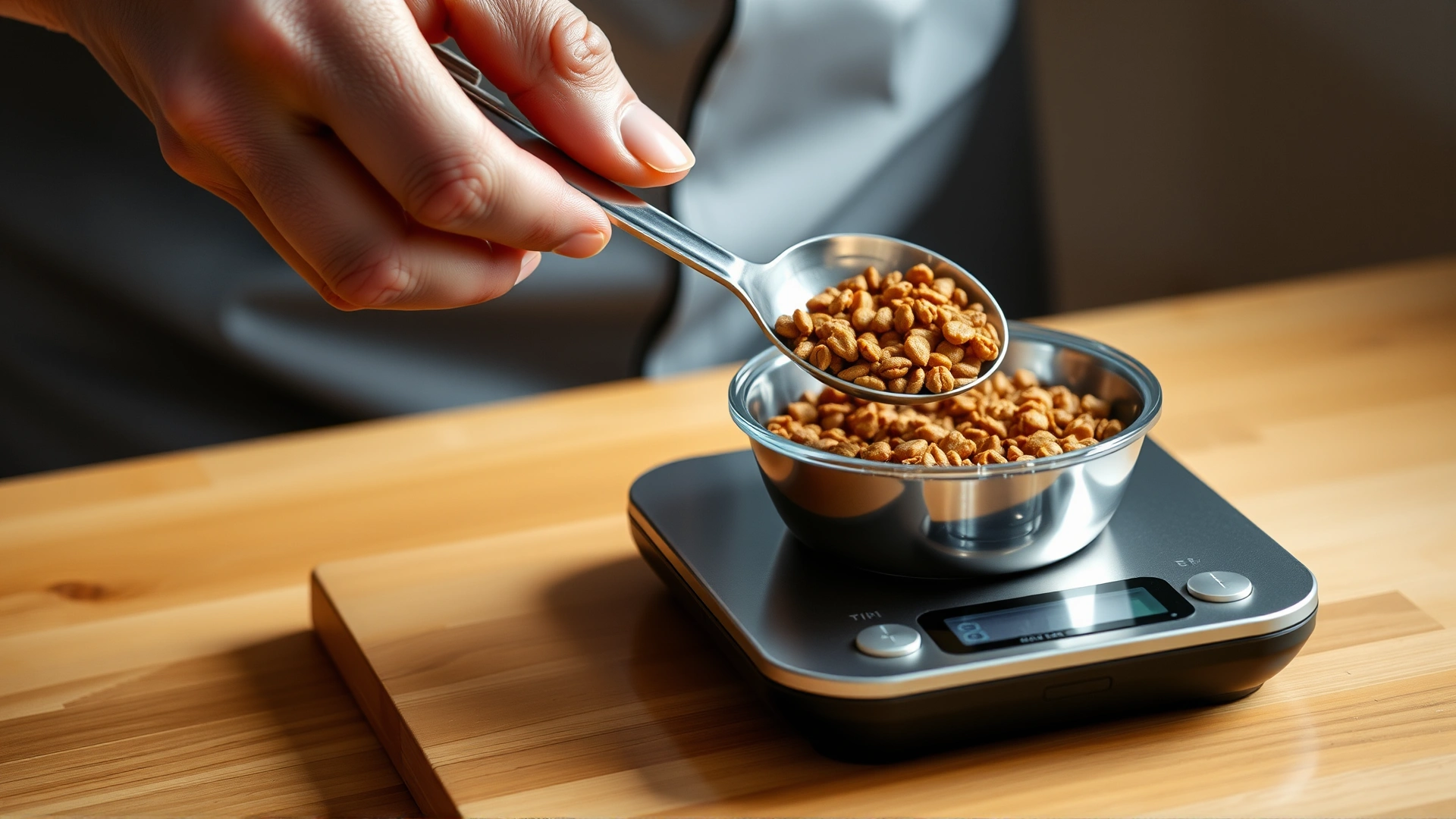 Human hand scooping measured dry cat food into a small stainless-steel dish on a digital kitchen scale