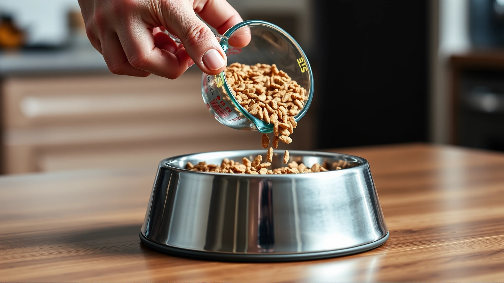 Human hand using a clear measuring cup to pour dry kibble into a stainless-steel dog bowl on a kitchen counter.