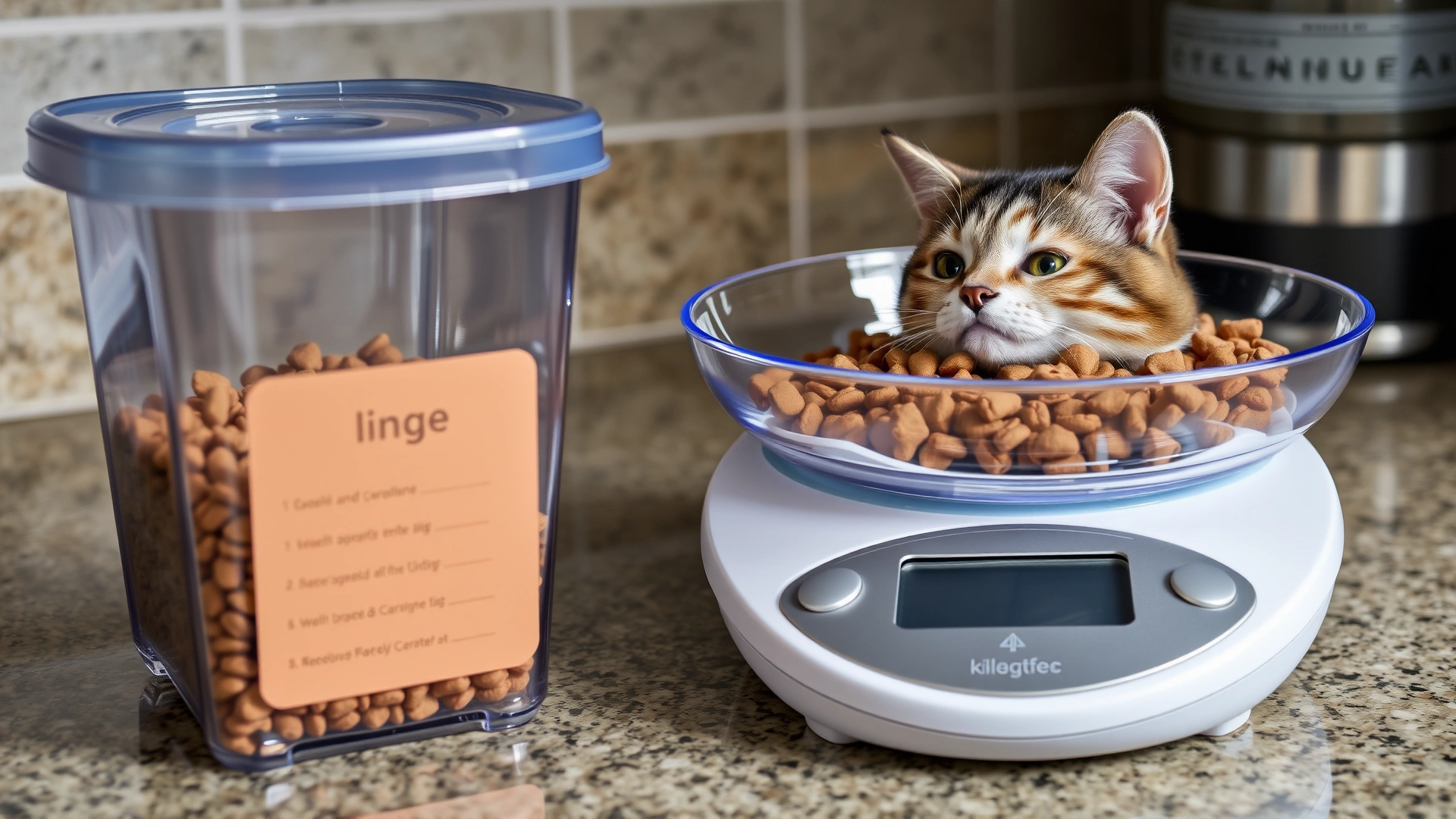 Close-up of digital kitchen scale weighing precise portion of cat kibble next to labeled storage container on countertop.