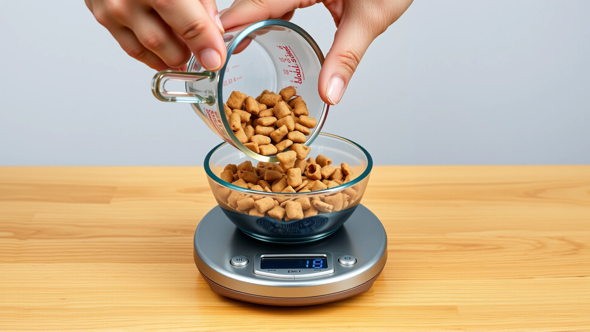 Hand pouring measured kibble from a measuring cup into a bowl on a digital scale, highlighting portion control