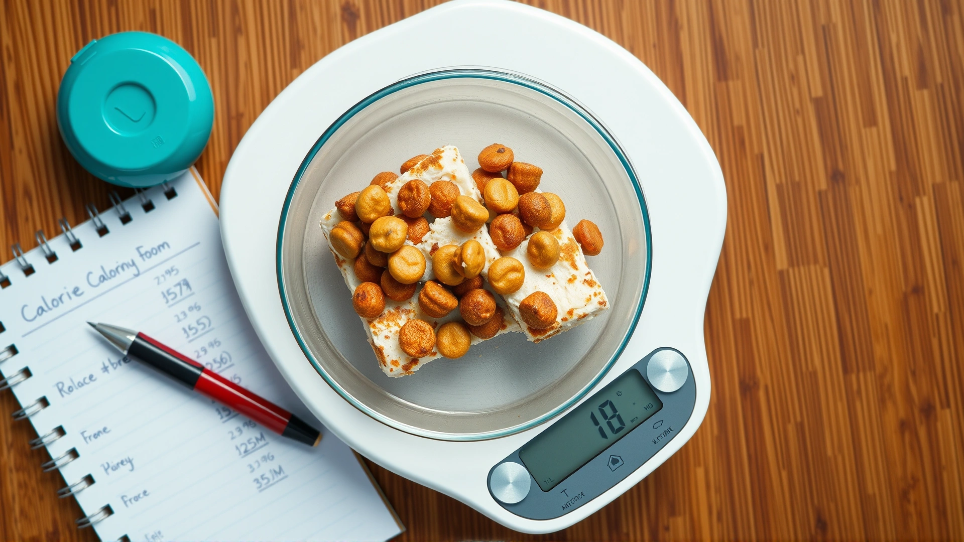 An overhead shot of a digital kitchen scale weighing a small portion of dog food topper next to a notebook with calorie calculations.