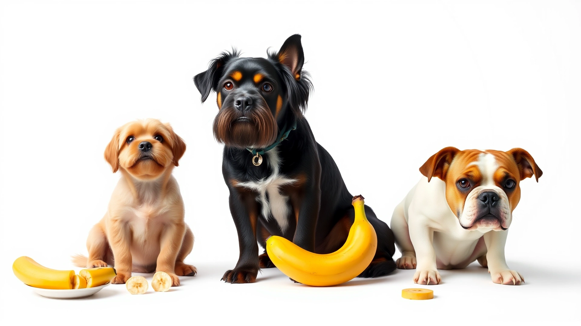 Composite shot of three dogs of different sizes (small, medium, large) sitting next to proportional banana pieces that illustrate serving size, neutral white background, no text.