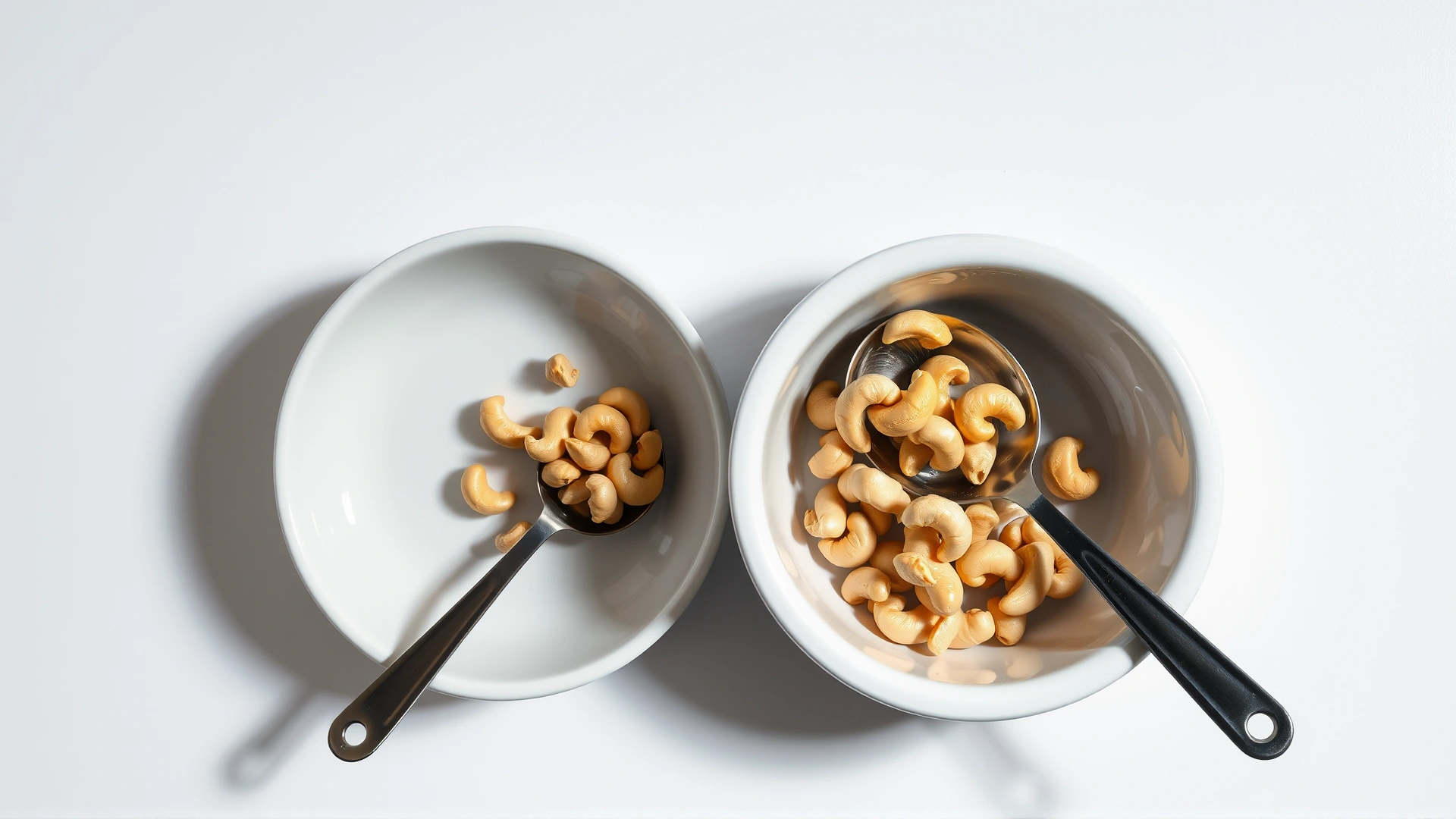 Top-down view of a dog bowl with a measured portion of cashews next to a stainless steel measuring spoon on a white table, no text.