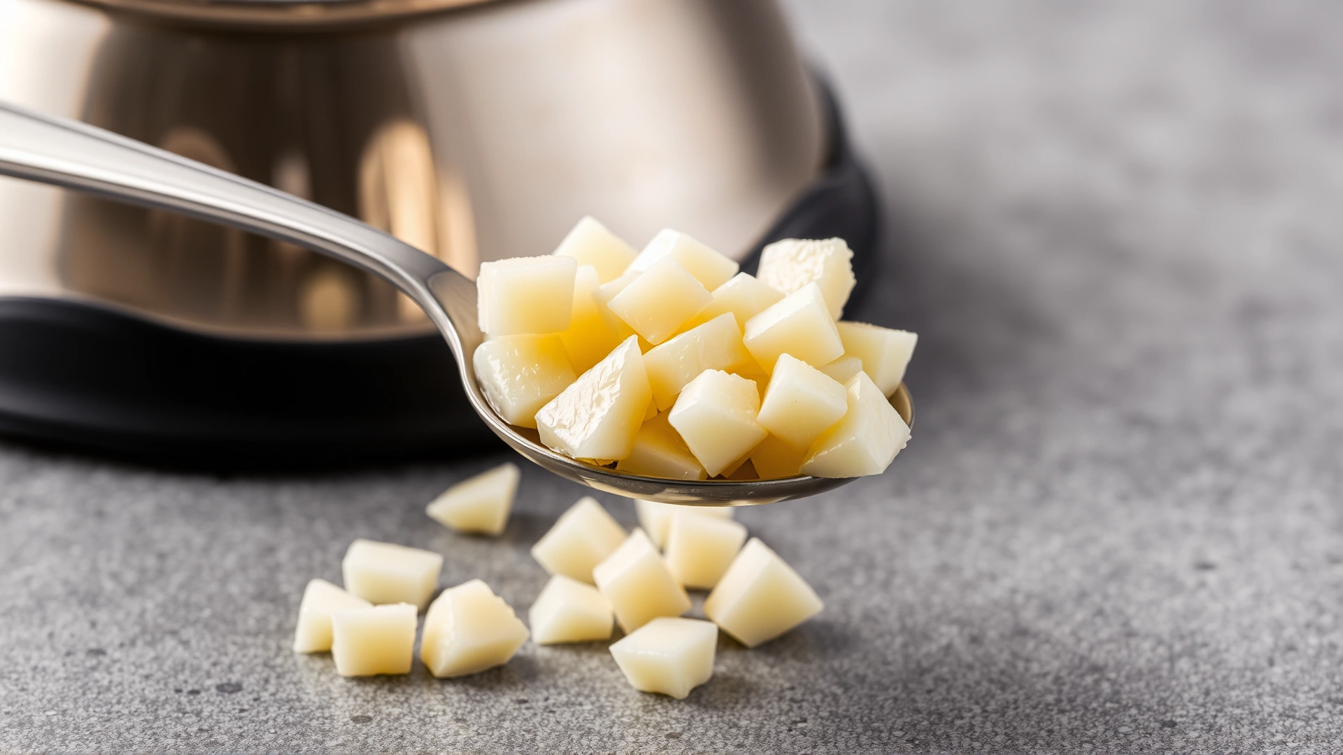 Teaspoon with finely diced boiled egg pieces placed beside a stainless-steel cat bowl, neutral background, high detail.