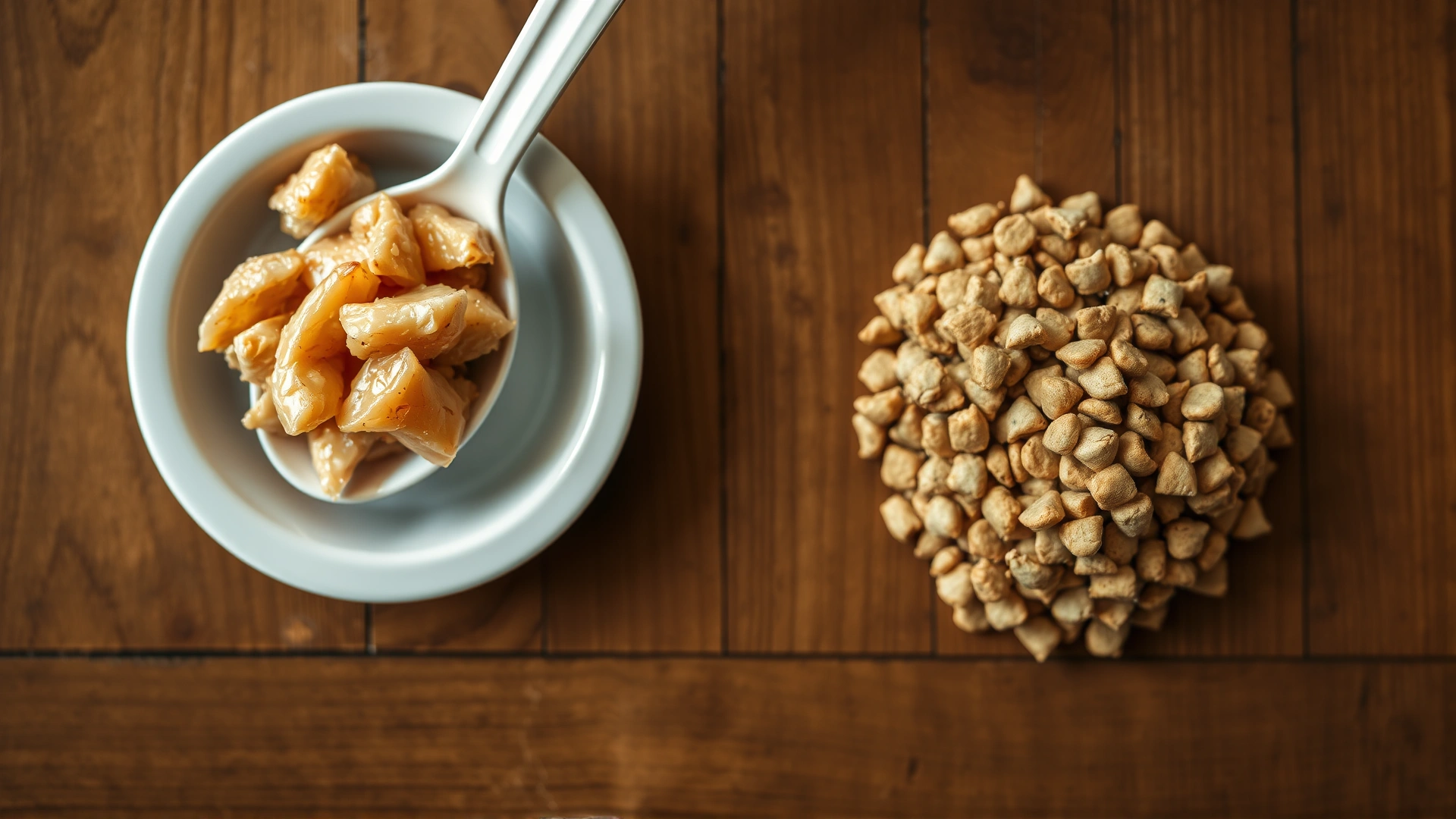 Overhead view of measured spoonfuls of tuna next to portioned dry cat food on a wooden table, illustrating proper serving size.
